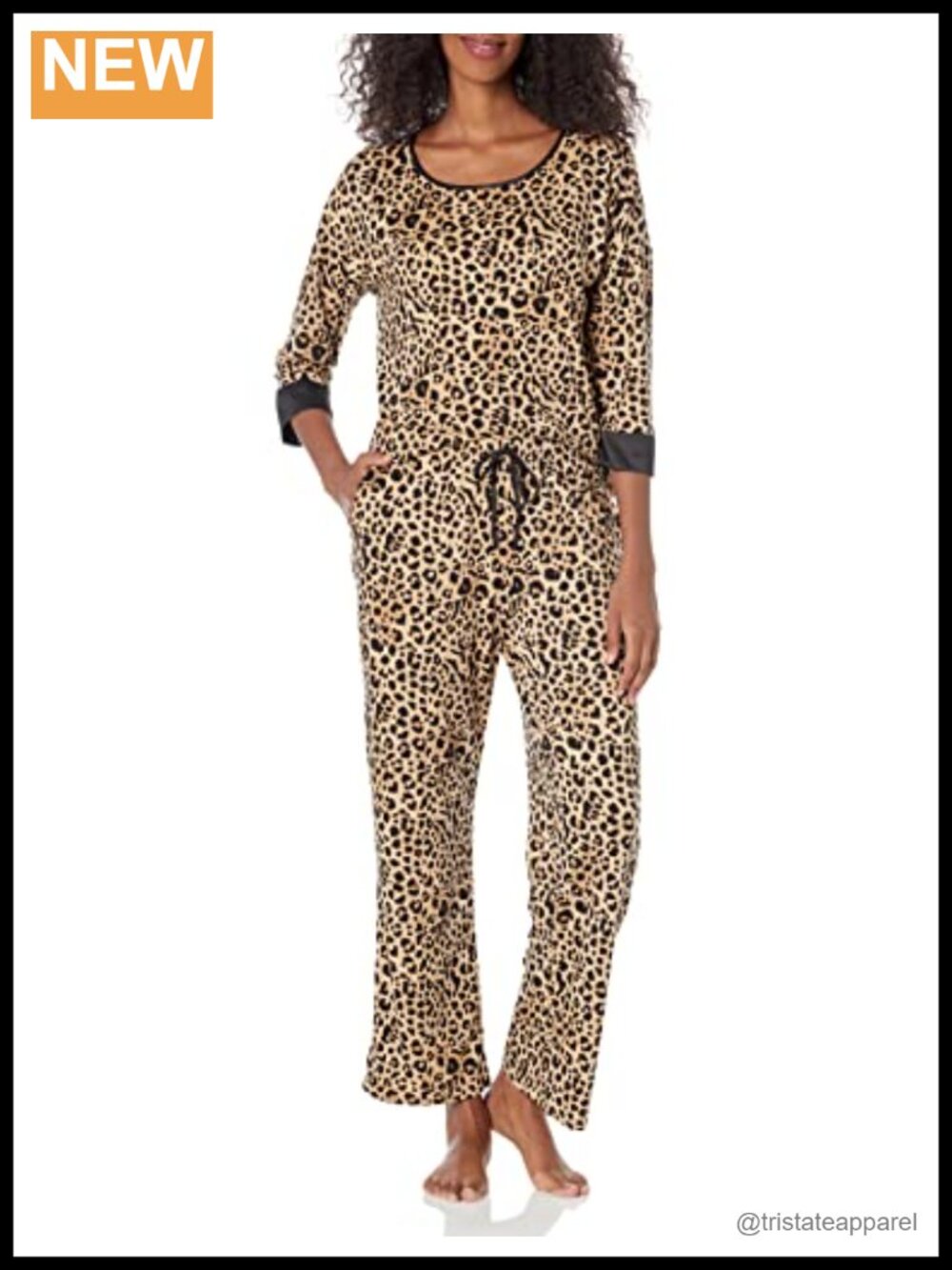 Peached Knit Pajama Set 3/4 Sleeve Scoop Neck Animal Print